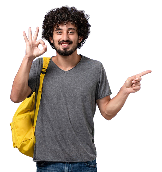 front-view-young-male-grey-t-shirt-wearing-yellow-backpack-smiling-blue-wall
